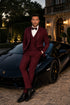 Mens One Button Satin Trim Shawl Tuxedo in Burgundy Wool