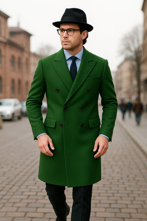 Double Breasted Long Overcoat One Chest Pocket Olive Green - Mens Car Coat Mens Topcoat