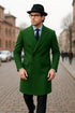 Double Breasted Long Overcoat One Chest Pocket Olive Green - Mens Car Coat Mens Topcoat