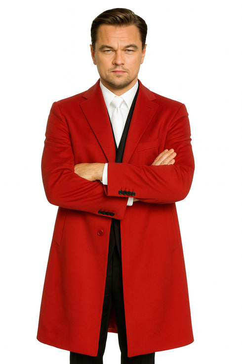 Three Buttons Red Wool Fabric Overcoat / Long men's Dress Topcoat - Winter coat