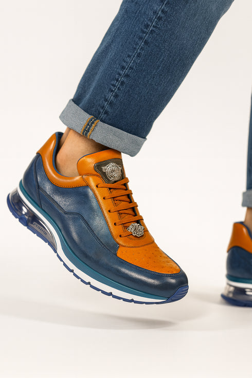 Belvedere  Flash Men's Shoes Blue Safari & Almond Exotic Ostrich / Calf-skin Leather Casual Sneakers