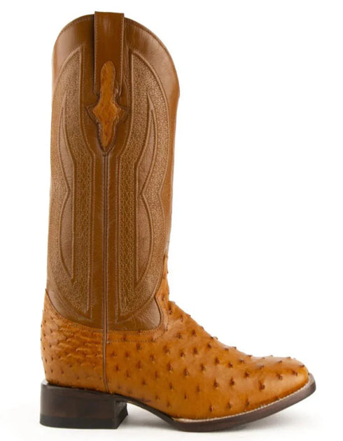 Ferrini Men's Colt Full Quill Ostrich Square Toe Boots Handcrafted - Cognac