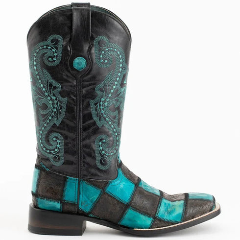 Ferrini Men's Patchwork Square Toe Boots Handcrafted - Black/Teal 1139350