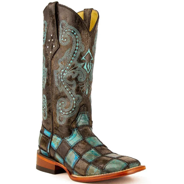 Ferrini Women's Patchwork Square Toe Boots Handcrafted - Black/Teal 8139350