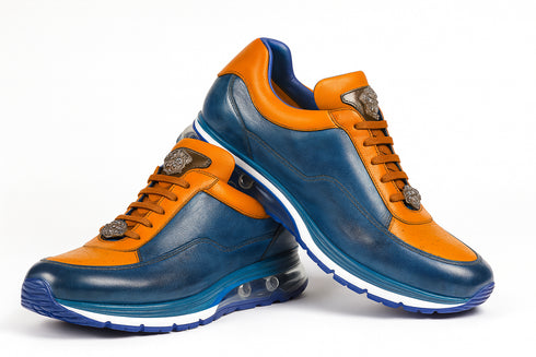 Belvedere  Flash Men's Shoes Blue Safari & Almond Exotic Ostrich / Calf-skin Leather Casual Sneakers