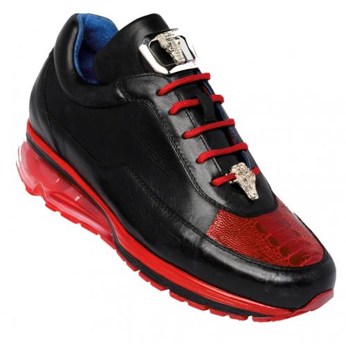 Belvedere  Flash Men's Shoes Black & Red Exotic Ostrich / Calf-skin Leather Casual Sneakers