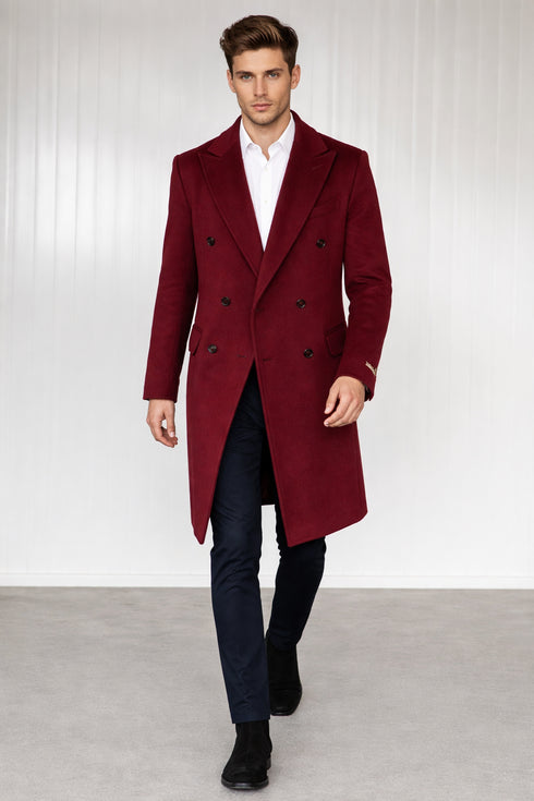 Mens Full Length Wool and Cashmere Overcoat - Winter Topcoats - Red Coat
