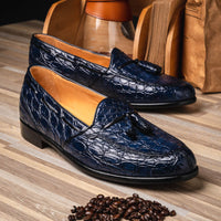 Zelli Franco Genuine Caiman Crocodile Tassel Loafers in Navy