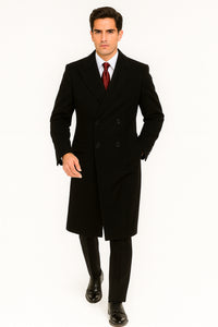 Full Length Mens Double Breasted Wool Overcoat - Black Topcoat