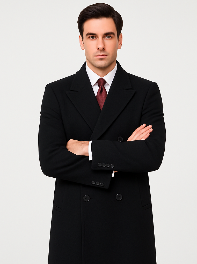 Full Length Mens Double Breasted Wool Overcoat - Black Topcoat ...