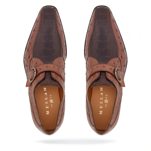 Mezlan Men's Genuine Full Quill Ostrich Leg Monk Brown  Strap Shoes