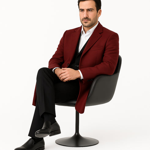 Fully Lined Dark Burgundy Wool Long Overcoat