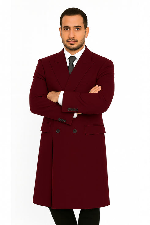 Fully Lined Dark Burgundy Wool Long Overcoat