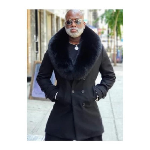 Peacoat Wool and Cashmere - Fur Collars Mens Overcoat Black