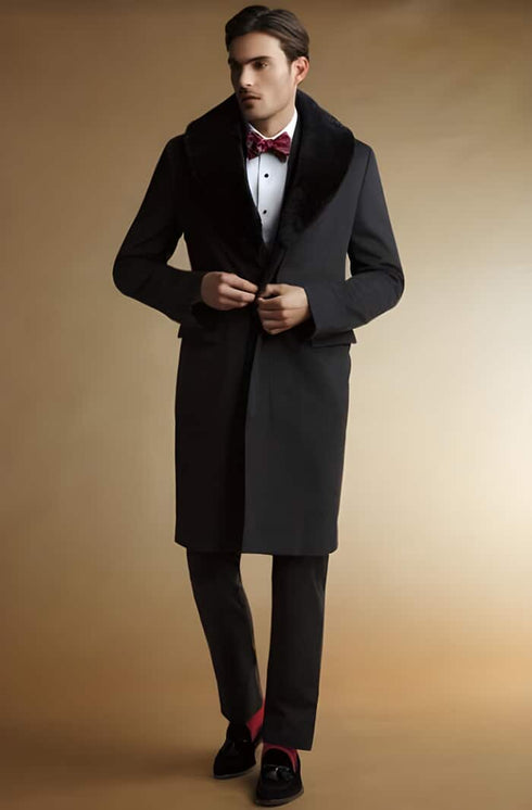 Fur Collars men's Overcoat - Wool Black Peacoat