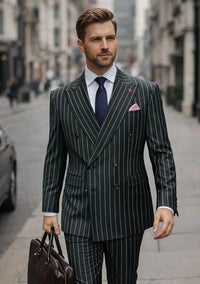 Statement Men's 2 Piece 100% Wool Modern Fit Pinstripe Suit - Double Breasted Jacket
