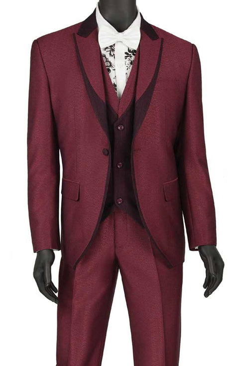 Mens 1 Button Trim Peak Vested Tuxedo Suit in Burgundy