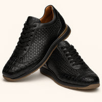 Marco Di Milano Roma Men's Shoes Black Genuine Caiman Crocodile / Woven Leather Fashion Sneakers