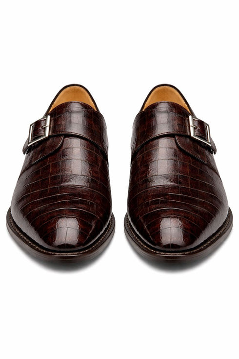 Gigolo Brown Crocodile Monk Strap Loafers By Mezlan Made In Spain Brand