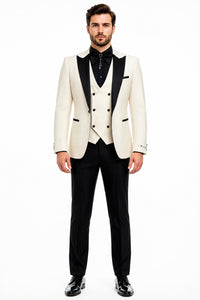 Giovanni Testi Suits With Double Breasted Vest - 3 Pieces Ivory and Black Peak Lapel Suit