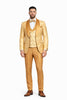 Gold Paisley 3-Piece Skinny Fit Suit – Wide Shawl Lapel with Matching Bow Tie