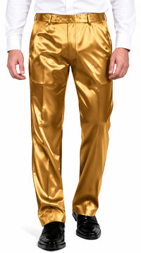 Mens Shiny Stretch Pants Solid Color Slim Fit Sateen Flashy Metallic Slacks in Color "Gold"
