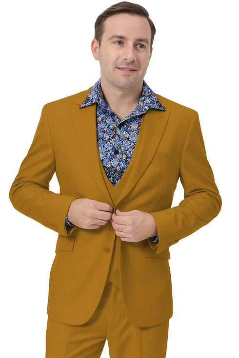Gold Peak Lapel Suit for Men – Double Breasted Vest, Formal 3-Piece