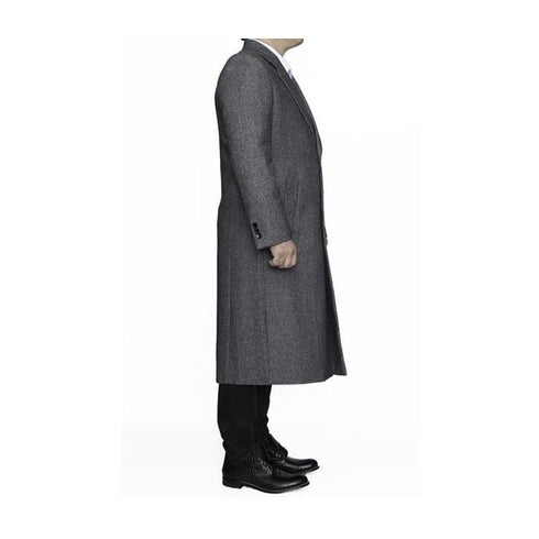 Men's Gray Overcoat - Grey Wool Topcoat - Three Button Full Length Wool Herringbone Gray Overcoat