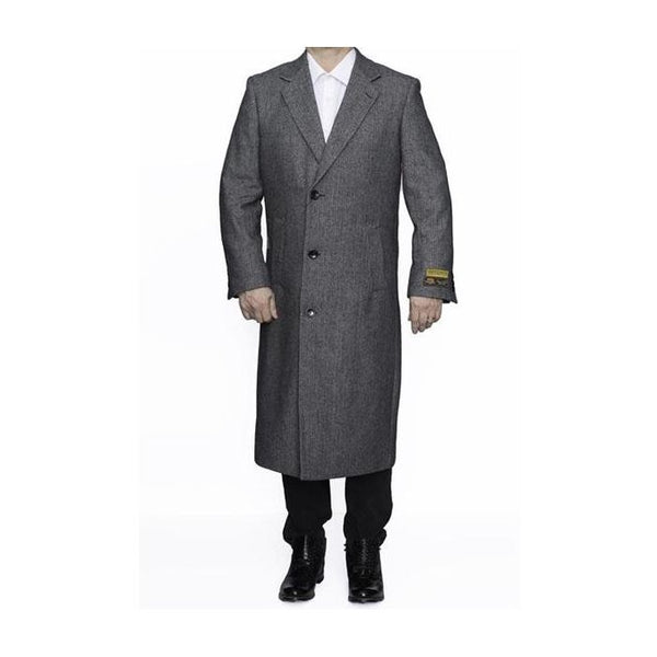 Men's Gray Overcoat - Grey Wool Topcoat - Three Button Full Length Wool Herringbone Gray Overcoat