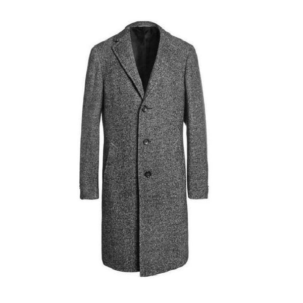 single breasted tweed grey full length topcoat