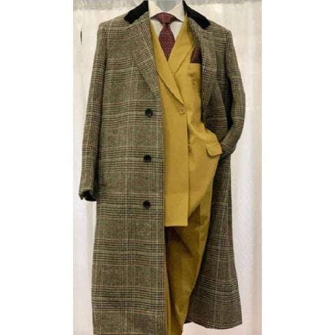 Men's Gray Overcoat - Grey Wool Topcoat ~ Grey Plaid Checkered Chesterfield Overcoat - Full Length Wool Gray Top Coat