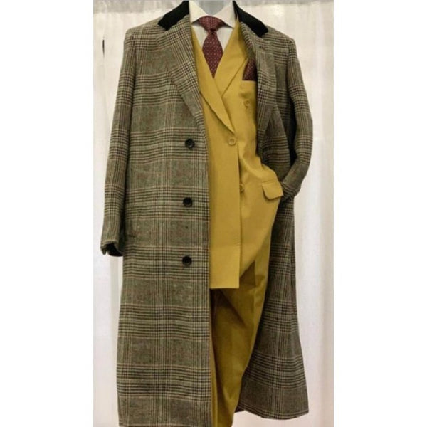 Mens Black And Grey Plaid Checkered Chesterfield Overcoat Top Coat
