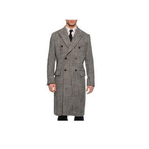 Men's Gray Overcoat - Grey Wool Topcoat 6 Button Gray Herringbone Tweed Overcoat Full Length