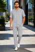 Men’s Light Gray Embroidered Walking Suit Set – 2 Piece Short Sleeve Casual Outfit