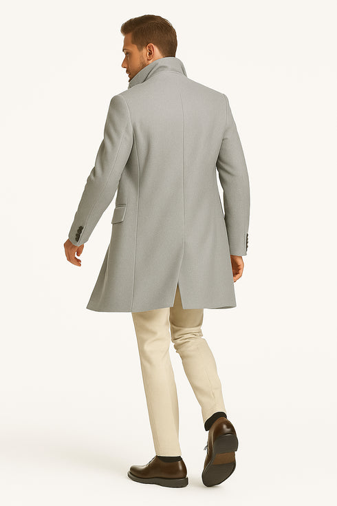 Men's Light Gray Double-Breasted Overcoat with Windowpane Vest – 3-Piece Wool Fabric By Alberto Nardoni