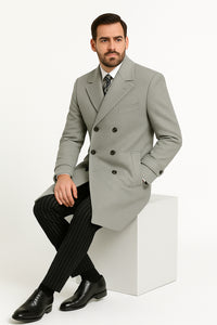 Mens Light Gray Double-Breasted Wool Overcoat – Classic Long Dress Coat for Winter