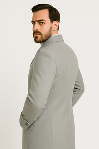 Mens Light Gray Double-Breasted Wool Overcoat – Classic Long Dress Coat for Winter