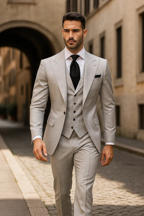 Suits With Baggy Pleated Pants - Wide Leg Pants 100% Wool - Classic Fit in Grey One Button 3 Piece Suit by Rossiman
