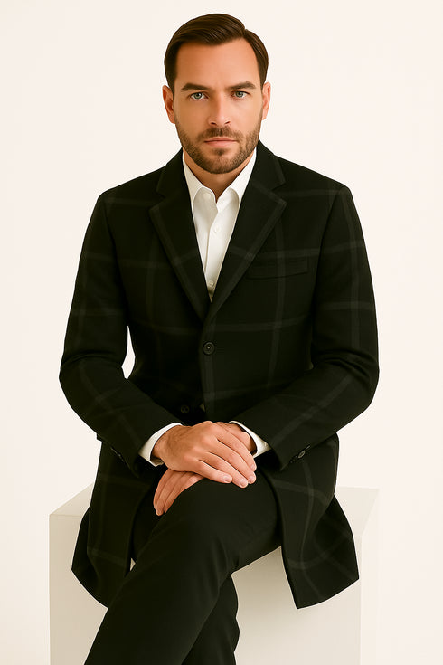 Mens Black Windowpane Wool Overcoat – Big Plaid Pattern Classic Checkered CarCoat