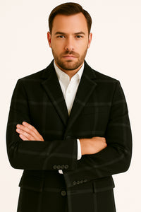 Mens Black Windowpane Wool Overcoat – Classic Long Checkered Coat Checkered Plaid Pattern