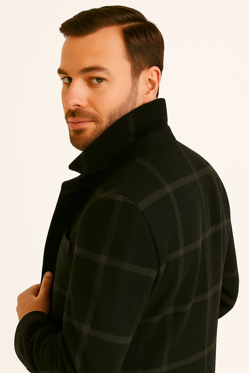 Mens Black Windowpane Wool Overcoat – Big Plaid Pattern Classic Checkered CarCoat