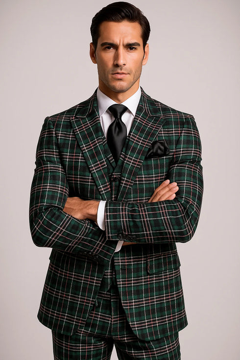 Suits With Baggy Pleated Pants - Wide Leg Pants 100% Wool - Classic Fit in Green Color by Rossiman