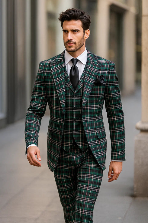 Suits With Baggy Pleated Pants - Wide Leg Pants 100% Wool - Classic Fit in Green Color by Rossiman