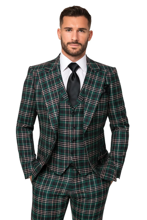 Suits With Baggy Pleated Pants - Wide Leg Pants 100% Wool - Classic Fit in Green Color by Rossiman