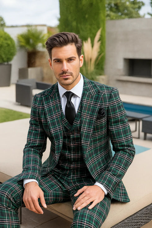 Suits With Baggy Pleated Pants - Wide Leg Pants 100% Wool - Classic Fit in Green Color by Rossiman