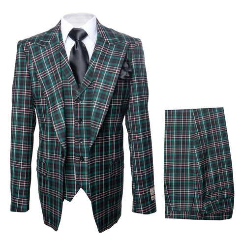 Suits With Baggy Pleated Pants - Wide Leg Pants 100% Wool - Classic Fit in Green Color by Rossiman