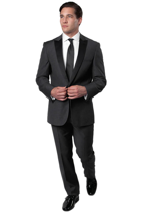 Mens Gray Tuxedo - Grey Wedding Suit-Mens Slim Fit One Button Peak Lapel Wedding  Tuxedo In Charcoal Grey