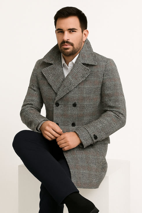 Mens Double-Breasted Houndstooth Plaid Overcoat in Black, White, and Red