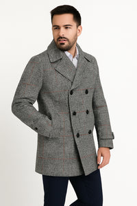 Mens Double-Breasted Houndstooth Plaid Overcoat in Black, White, and Red