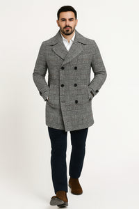 Mens Double-Breasted Houndstooth Plaid Overcoat in Black, White, and Red
